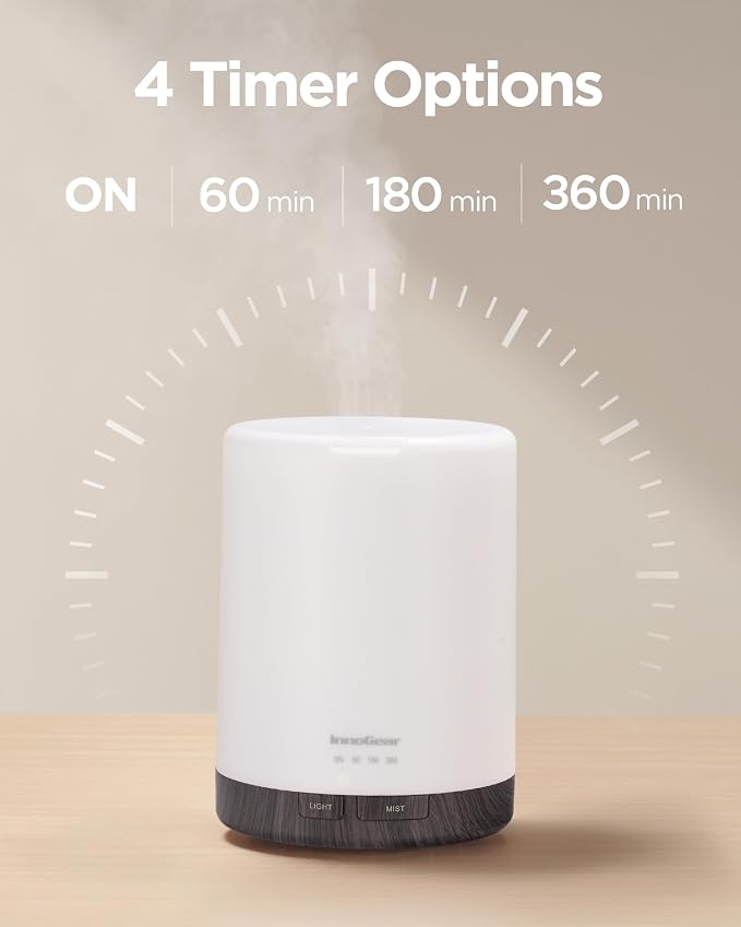 InnoGear 300ml Essential Oil Diffuser for Home Scent Humidifier, Brown | Aromatherapy, Cool Mist Humidifier, Ultrasonic, Large Room, Run up to 10hrs, Waterless Auto Off, 7 LED Lights, Quiet