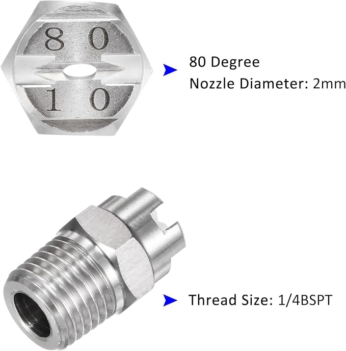 M METERXITY 5-Pack Flat Fan Spray Tip, 80 Degree 1/4BSPT Male Stainless Steel Pressure Washer Nozzles Cleaner Nozzle Replacement W Sealing Tape for Water Guns (2mm Orifice)