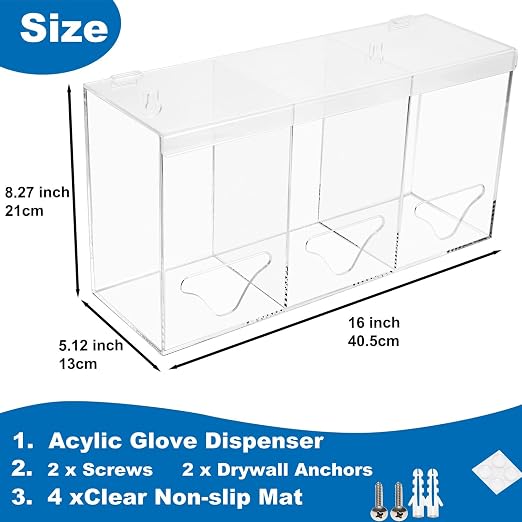 SEANADO Clear Acrylic Glove Holder Dispenser with Lid, 3 Compartments Hygiene Station Storage Box for Beard Nets, Hairnets, Plastic Bags, Shoe Cover - Wall Mount or Tabletop