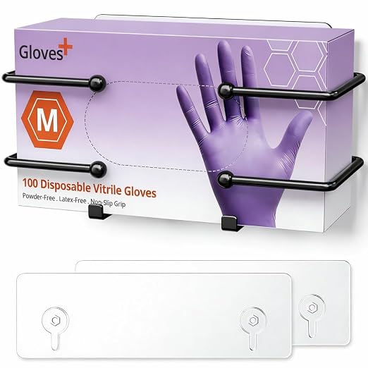 Adhesive Glove Box Holder Wall Mount, Metal Gloves Dispenser, Black | For Latex & Nitrile Boxes, No-Drill Tissue & Wipes Organizer for Lab, Kitchen, Bathroom
