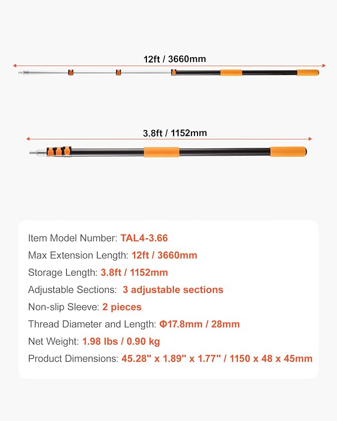 VEVOR Telescopic Extension Pole, 4-12 FT Multi-Purpose Extendable Pole, Sturdy Aluminum Alloy Paint Pole Extension with Flip-Lock Design, High Reach Roller Stick for Painting, Dusting and Cleaning
