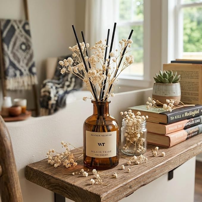Coconut & Vanilla Scent Reed Diffuser Set for Bathroom Decor | Air Fresheners Oil Diffuser With Flower | 4.0 fl oz Home Fragrance With Sticks Defusers | House Office Shelf Decor