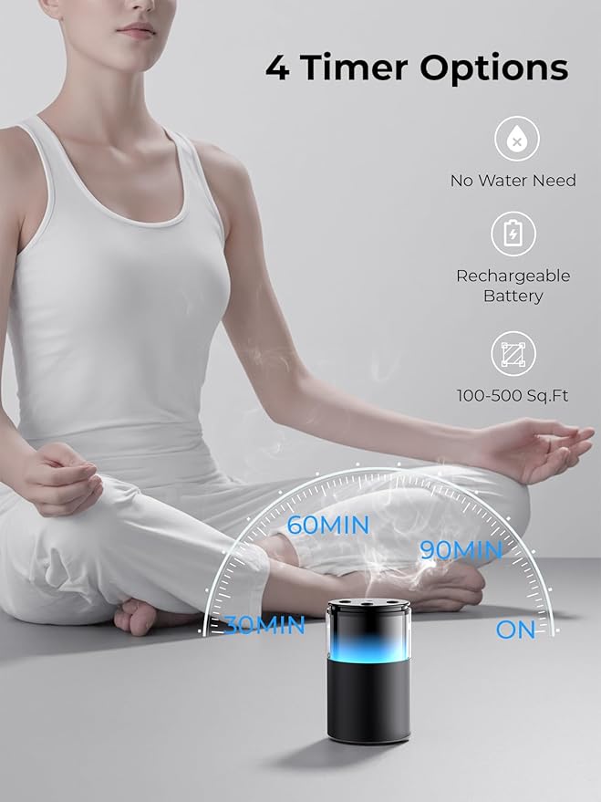 Waterless Essential Oil Diffuser: 𝟗-𝐂𝐨𝐥𝐨𝐫 𝐋𝐄𝐃 for Home | Portable Scent Diffuser - No Water No Heat For Pure Aroma - 48H Battery 3 Mist Levels & 4 Timers for Car Office