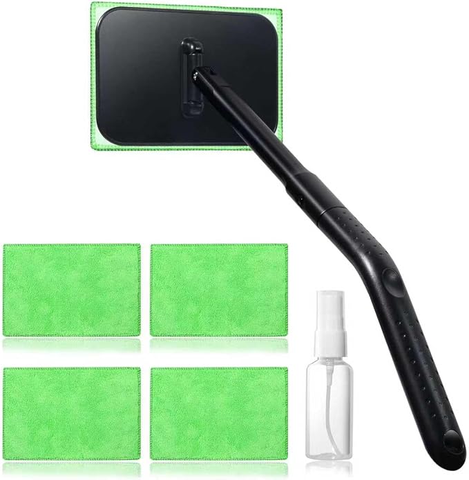 Windshield Cleaning Tool, Windshield Cleaning Wand Car Window Cleaner with 4 Washable Reusable Microfiber Pads, Detachable Long Handle Glass Wiper Cleaning Kit for Auto Glass, Trucks, SUVs, RVs, Home