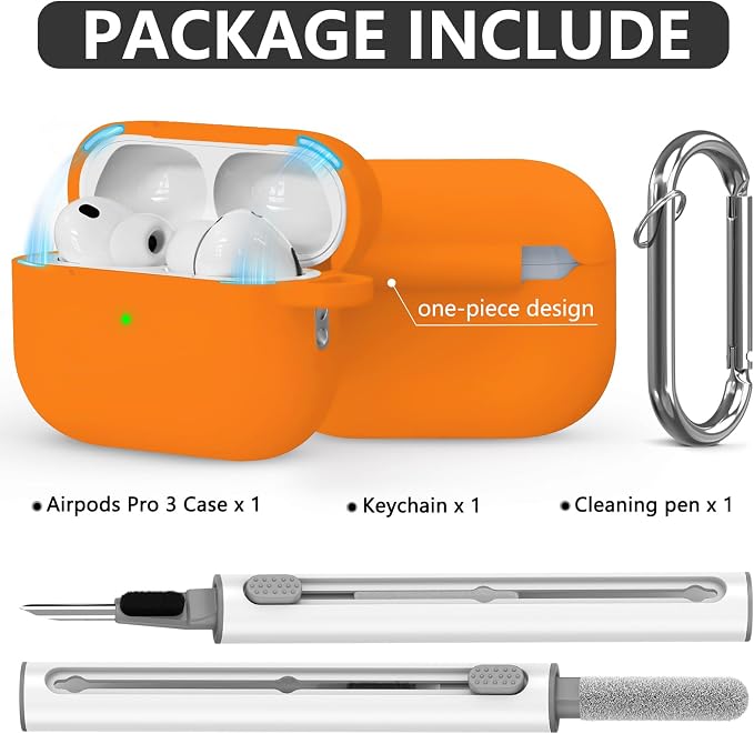 Ljusmicker for AirPods Pro 3 Case 2025 with Cleaner Kit,Magnetic Orange | Soft Silicone Protective Cover for Apple AirPod Pro 3rd Generation Case with Keychain for Women Men,Shockproof,Magnetic