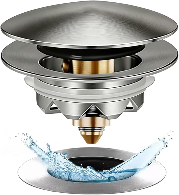 Anlige Bathtub Drain Stopper, Pop Up Tub Stopper and Cover, Bottom with Hair Catcher, Universal for 1.45 in to 1.8 in Drain, Replaces Old Drain Plug, Brushed Nickel
