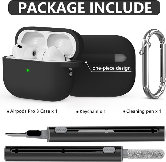 Ljusmicker for AirPods Pro 3 Case 2025 with Cleaner Kit,Black | Soft Silicone Protective Cover for Apple AirPod Pro 3rd Generation Case with Keychain for Women Men,Shockproof