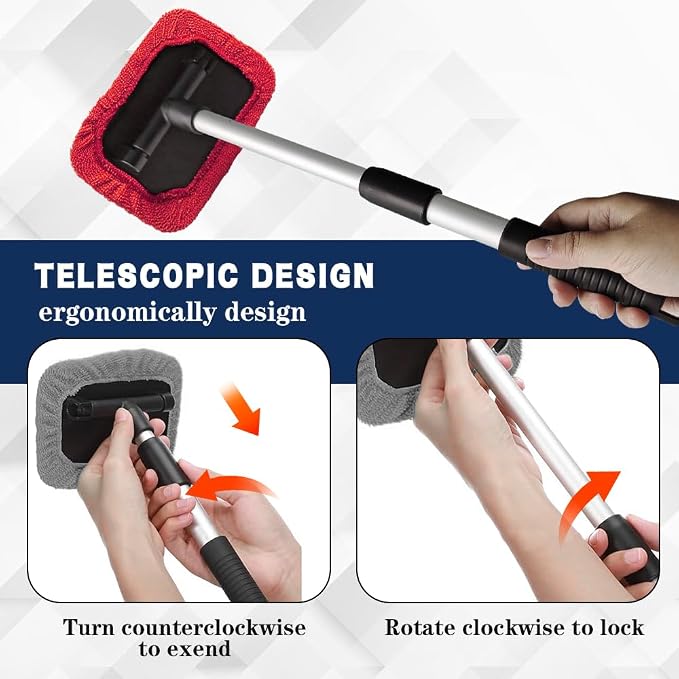 Windshield Cleaning Tool, Car Window Cleaner, Vehicle Window Cleaner with Extendable Handle & 2 Washable Microfiber Pads, Car Interior Glass Wiper Cleaning Kit for Most Vehicles (Red)