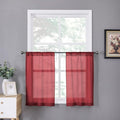 Tollpiz Short Sheer Tier Curtains Linen Textured Half Kitchen Curtain Sheers Light Filtering Rod Pocket Voile Small Curtain for Bathroom, 25 x 24 inches Long, Burgundy Red, Set of 2 Panels