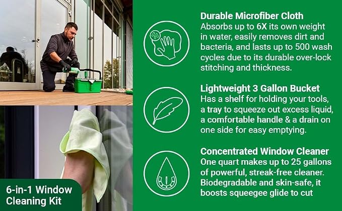 UNGER Window Cleaning Kit 6-Piece: Squeegee, Bucket, Cleaner, WNK15 | WNK15; includes 14-in. ErgoTec squeegee, 3-gallon bucket, 1L glass cleaner, safety scraper & cloth