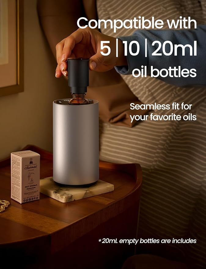 Waterless Essential Oil Diffuser, Rechargeable Car Scent Diffuser, Silver | Premium Aluminum Alloy Housing, Cordless, 3 Mist Levels, Timers, Portable Aromatherapy Diffuser for Home, Car & Office