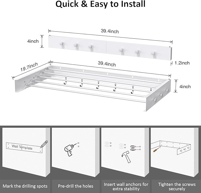 Drying Rack Clothing,Clothes Drying Rack Wall Mounted,Laundry Drying Rack Wall Mount,Foldable,Collapsible,60 lb Capacity 5 Aluminium Poles with 12 Hooks,Space Saving Clothes Drying Rack,White 40"