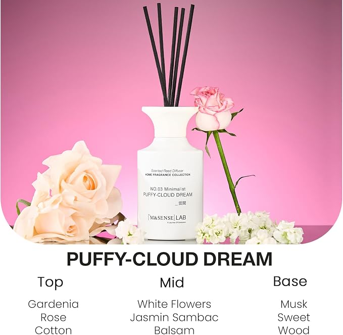 M&SENSE Minimalist Large Reed Diffuser 300ml, Puffy Cloud Dream Scented with Natural Essential Oils, Long Lasting with 7 Sticks, Non-Toxic Home Fragrance for Bedroom, Bathroom Decor
