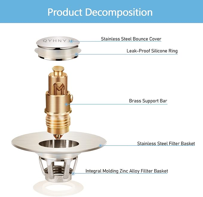 QYHNYJF Bathroom Sink Stoppers Brushed Nickel – Pop Up Drain Stopper & Strainer, 2-in-1 Universal Sink Stopper for 1.1" to 1.5" Bathroom Sink Drain Pipes, Brushed Nickel Finish