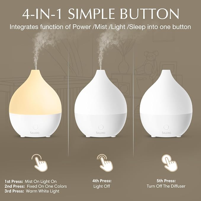 SALKING Essential Oil Diffuser for Home, 100ml Small Aromatherapy Diffuser | Ultrasonic Diffusers for Essential Oils, 8 Color LED Lights, Cool Mist Humidifier, Auto Shut-Off, for Bedroom, Office, White
