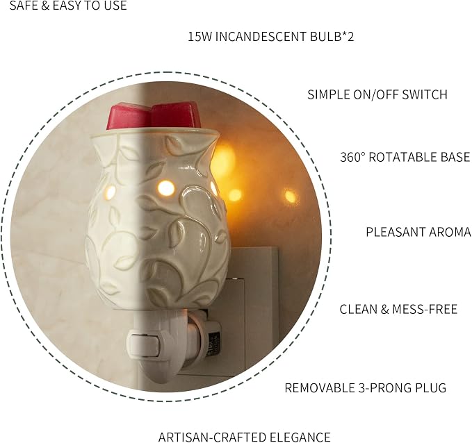 Candle Warmer Wax Melt Warmer Wax Warmer for Scented Wax Night Light Plug in with One More Bulb Home Fragrance Home Decor Wall Decor Bas-Relief Craft (Ivy)