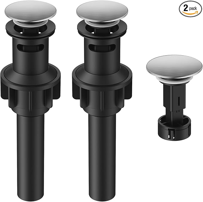 Bathroom Sink Drain with Overflow with Hair Catcher Anti-Clog Sink Strainer | Hurran Bathroom Sink Stopper for 1.65-1.9" Hole, Plastic Pop-up Drain for Bathroom Vanity Vessel Sink, Brushed Nickel, 2 Pack
