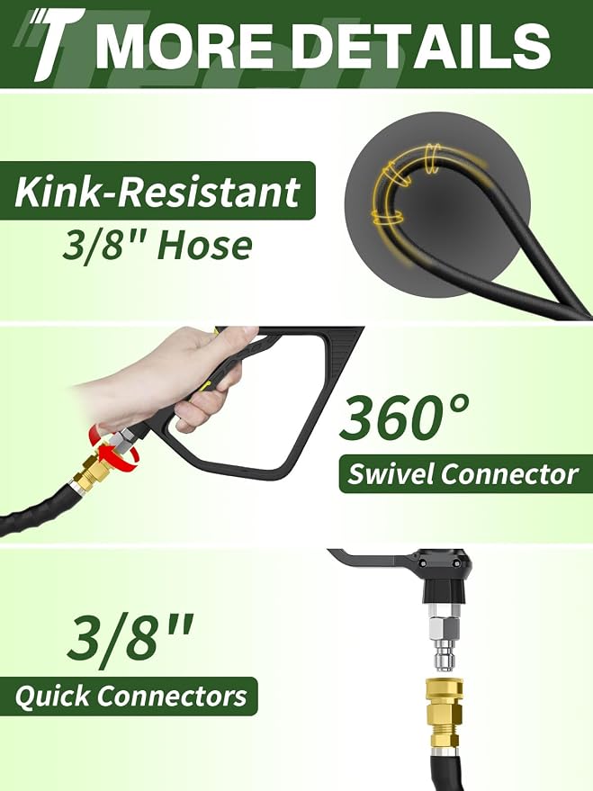 3/8" 4800PSI Pressure Washer Hose 25FT with Swivel Quick Connect for Cold/Hot Water Max 248°F, Kink Resistant Steel Wire Braided, Wear Resistant Power Washer Hose with M22 14mm Adapter
