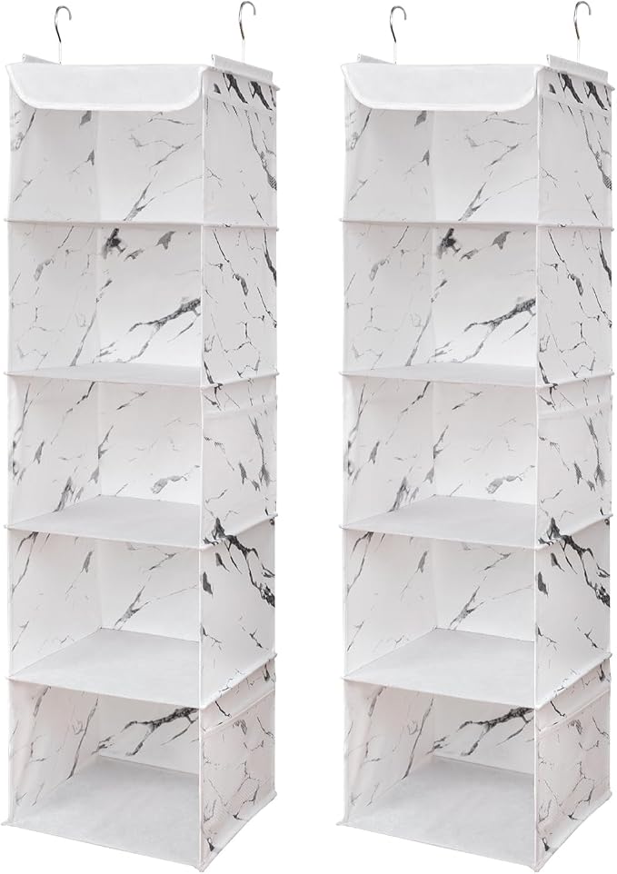 BrilliantJo 5 Shelves Hanging Closet Organizer, 2 Pack Hanging Storage with 6 Side Pockets for Clothes Shoes, 43"x12"x12"(Marblizing)