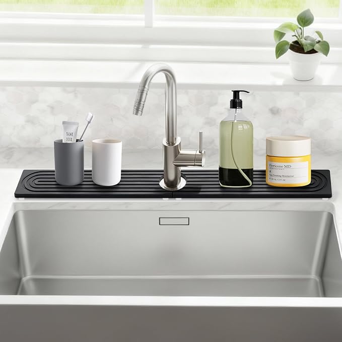 24 Inch Kitchen Sink Splash Guard, Sink Splash Guard Behind Faucet, Silicone Faucet Handle Drip Catcher Tray Mat for Kitchen, Bathroom Counter, Dark Gray, 23.6" x 4"