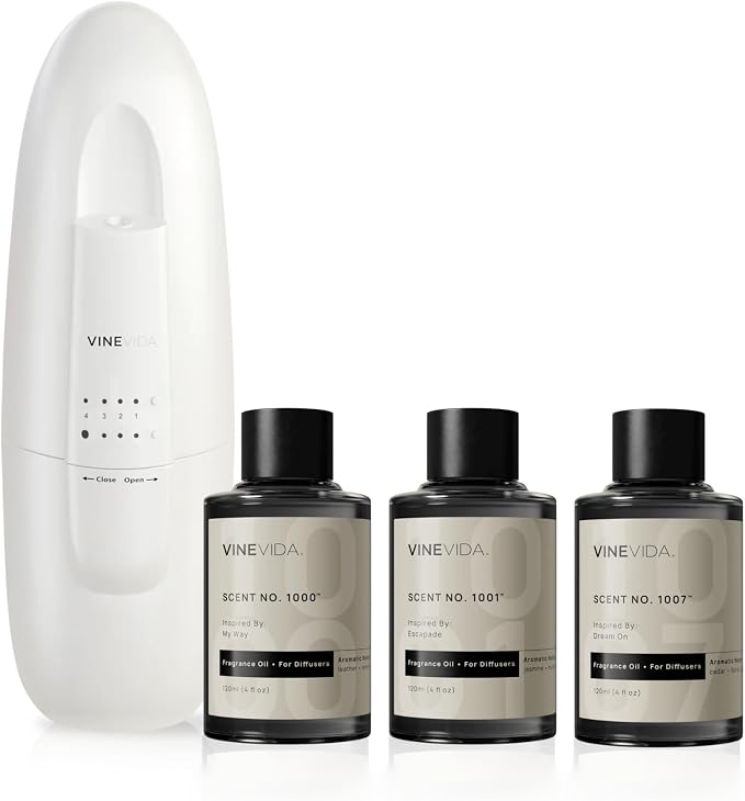 VINEVIDA Studio Waterless Diffuser and 3 Hotel Fragrance Oils - Essential Oil Diffuser for Home - Room Fragrance Air Diffuser [White Aroma Diffuser]