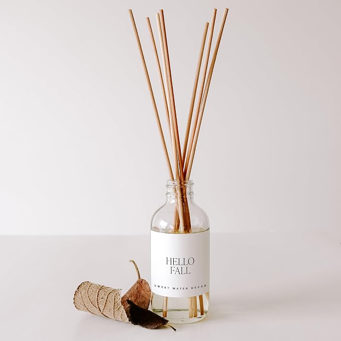 Sweet Water Decor Hello Fall Reed Diffuser Set - Hot Cider, Cinnamon, Cloves, Apple, and Nutmeg Fall Scented Diffuser - Scent Diffusers for Home, Fall Home Long Lasting Fragrance, Made in the USA