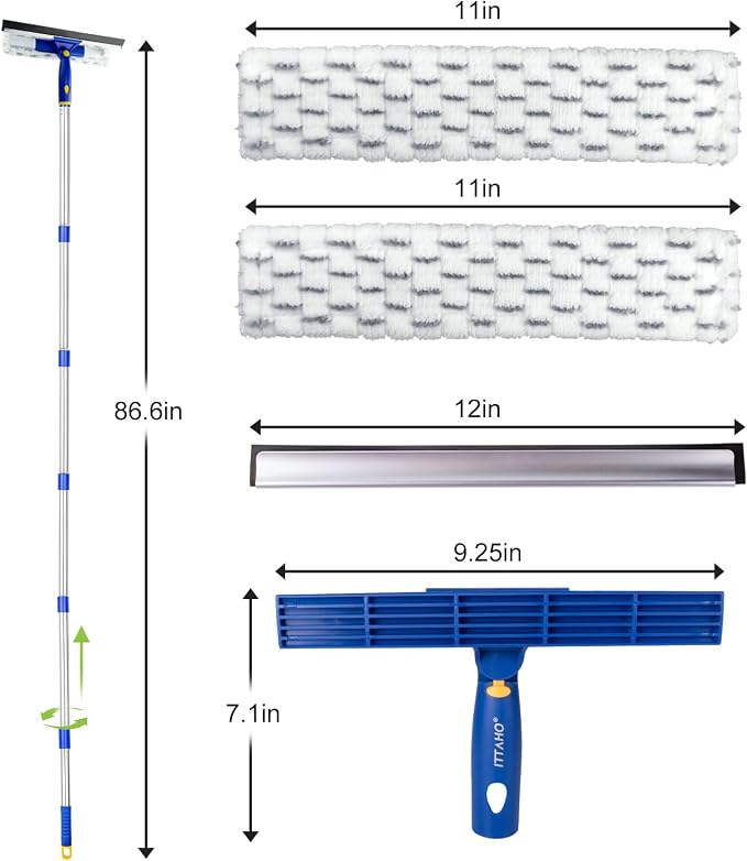 86.6" Window Squeegee Cleaner,2 in 1 Window Cleaning Tool Kit,Shower Squeegee with Extension Pole，Glass Cleaning Tools for Shower Glass,Indoor/Outdoor High Window Cleaning-Two Pads