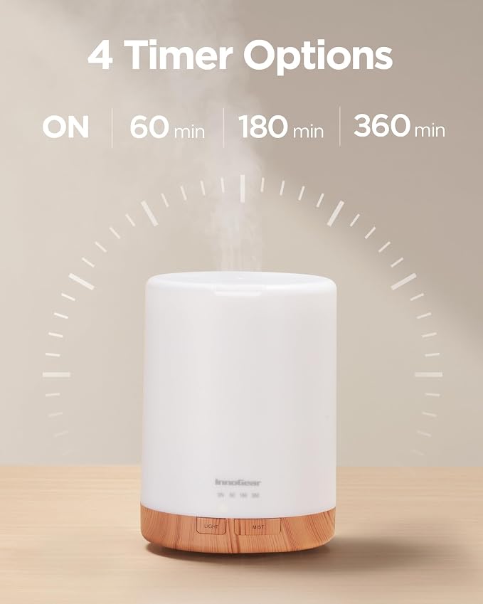 InnoGear 300ml Essential Oil Diffuser for Home Scent Humidifier, Yellow | Aromatherapy, Cool Mist Humidifier, Ultrasonic, Large Room, Run up to 10hrs, Waterless Auto Off, 7 LED Lights, Quiet