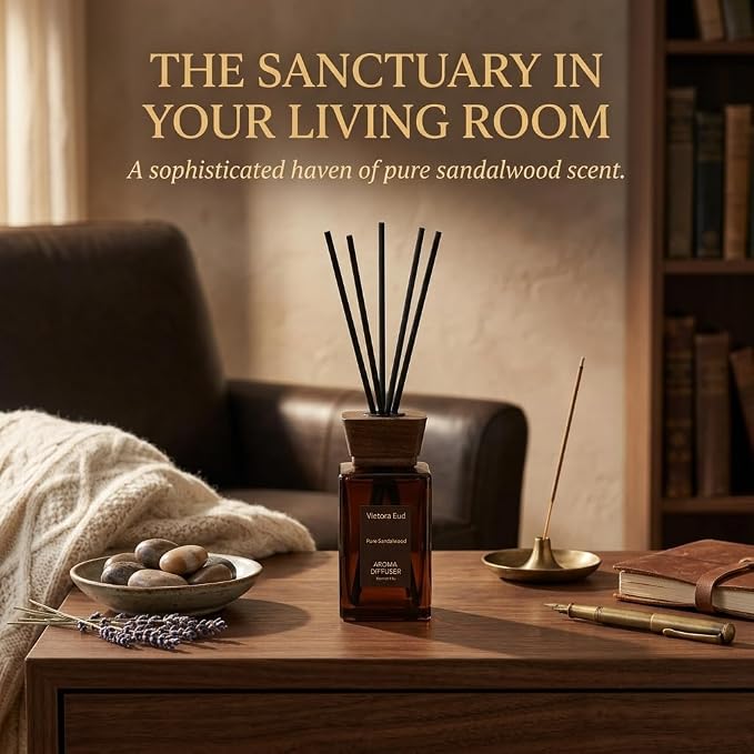 Sandalwood Reed Diffuser, 5.6 Fl Oz | Warm home fragrance; Woody Scent Lasts for 12 Weeks for Bedroom, Bathroom, Living Room or Office; Gift-ready.
