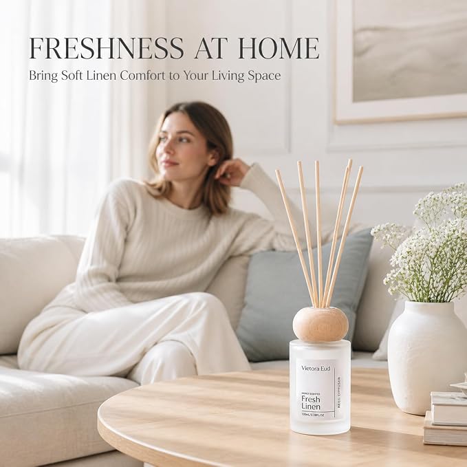 Fresh Linen Reed Diffuser, 3.5 Fl Oz | Lasts 12 Weeks, Flameless&Safe. Perfect for Bedroom/Living Room. Natural Oils, Gift