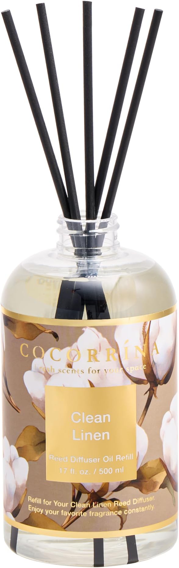 Reed Diffuser Refill Clean Linen 17oz (500ml) with 8 Rattan Sticks - Premium Long-Lasting Scented Oil, Home Fragrance for Bedroom, Bathroom Home Decor