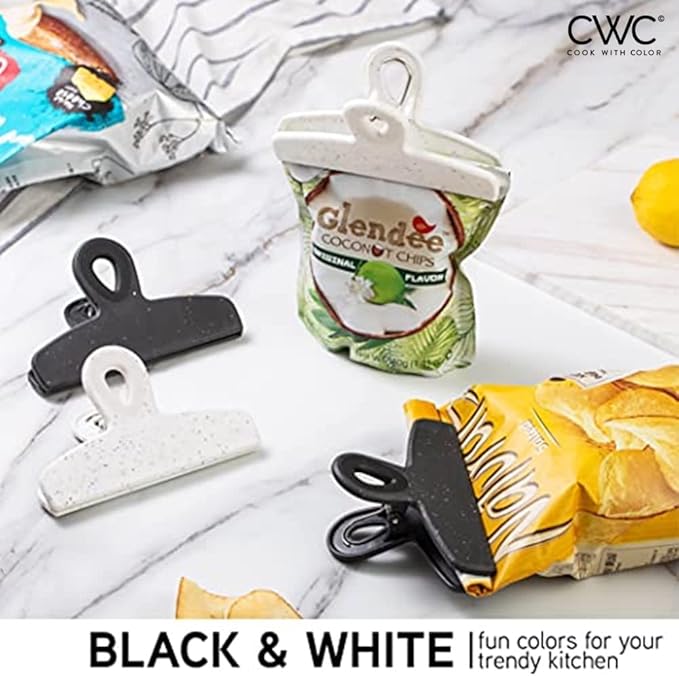COOK WITH COLOR Bag Clips - Heavy Duty Chip Clip and Refrigerator Magnet Clips for Food Storage with Air Tight Seal Grip, Black and White, Pack of 8 Large Clips