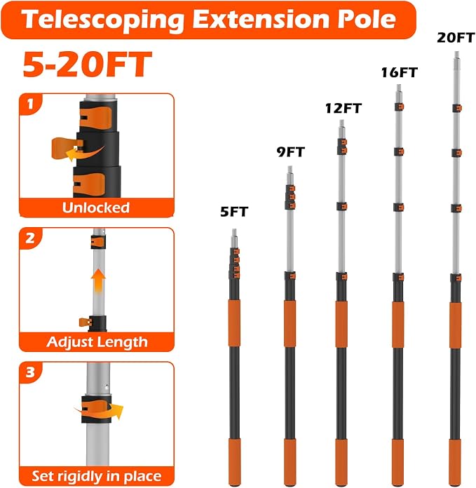 25FT Reach High Ceiling Duster Kits with 5-20FT Adjustable Pole - Includes Extra Long Duster, High Ceiling Duster, Rotatable Window Squeegee & Cobweb Duster for Ceiling Fans and Whole House Cleaning