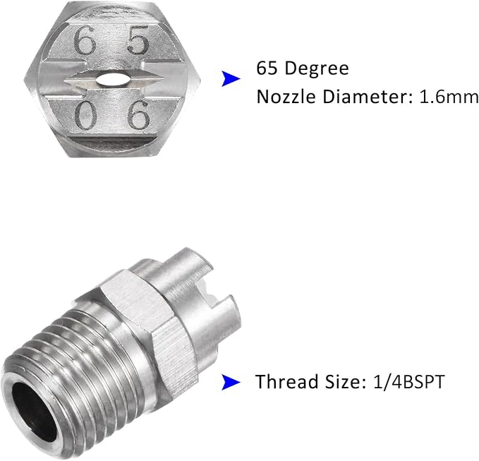 M METERXITY 5-Pack Flat Fan Spray Tip, 65 Degree 1/4BSPT Male Stainless Steel Pressure Washer Nozzles Cleaner Nozzle Replacement W Sealing Tape for Water Guns (1.6mm Orifice)