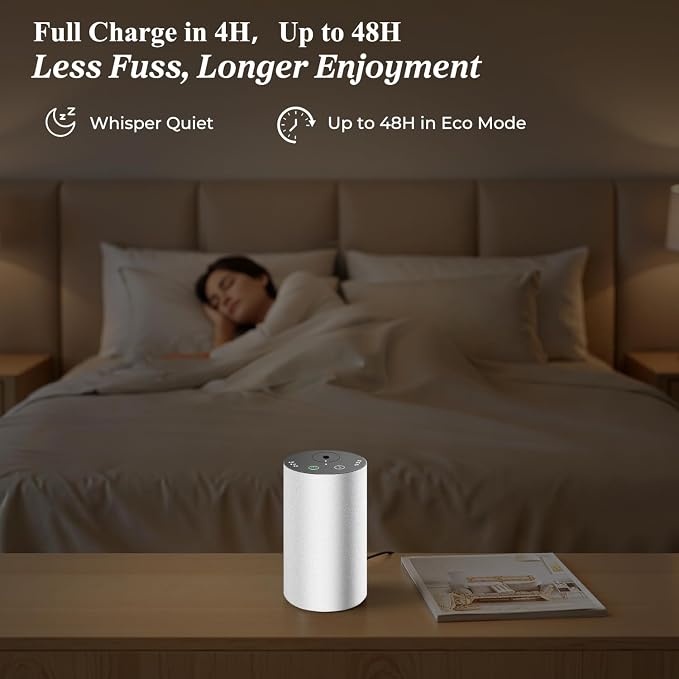 URPOWER Waterless Essential Oil Diffuser Cordless Mini Scent Diffuser 20mL | Includes 2 x 20mL Essential Oils, Battery Operated Design, Aluminum Body, Portable Size for Car, Home and Office Use, Silver