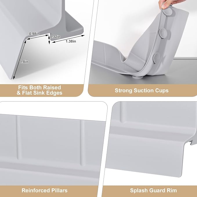 Sink Splash Guard, 18", Non-slip with Suction Cups, Stop Water Splash with High Rim, for Kitchen & Bathroom, Faucet & Countertop Protector, Easy Install, Dishwasher Safe