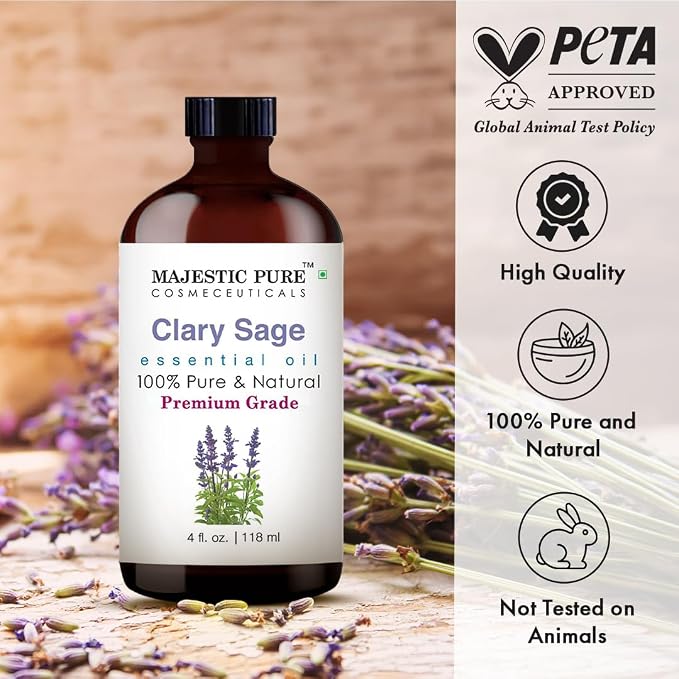 Majestic Pure Clary Sage Essential Oil for Diffuser - 4 Fl Oz | 100% Pure & Natural Essentials Oils for Humidifier, Air Freshening, Cleaning Home, Bath, spa-inspired self-care routines