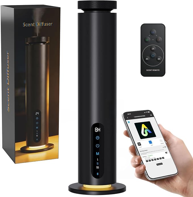 Waterless Essential Oil Diffuser, 1000 Sq.Ft Coverage, Smart App & Remote Control Scent Machine, 3 Color Ambient Lights, Adjustable Mist, Quiet Aromatherapy Diffuser for Home Large Room Hotel, Black