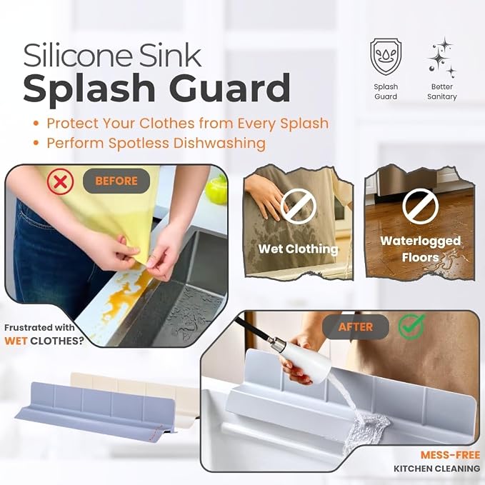 MessOut Sink Splash Guard | Premium Korean Silicone | 3 Practical Sizes for Maximum Coverage |Solution for Mess Free Dish-washing | Super Strong Suction to nearly all Shelf-tops.