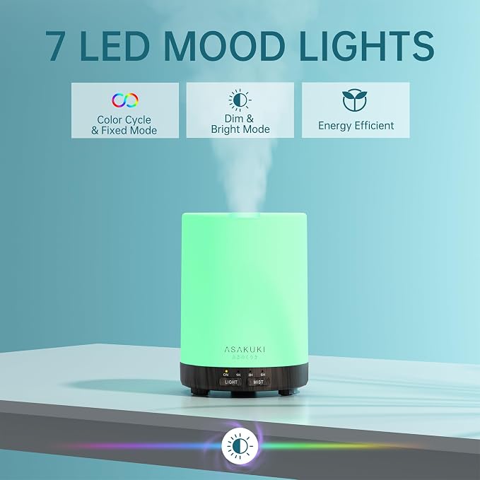 ASAKUKI Essential Oil Diffuser for Home 300 ml Humidifier | Automatic Shut-Off, Quiet Aromatherapy Diffuser with 7 LED Lights for Living Room, Kitchen, Bedroom, Hotel - Black