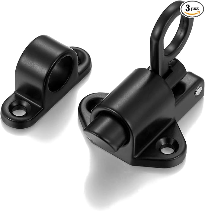 3 Packs Self-Closing Latches，Black Spring Door Lock，Resilient Bolt Latch Aluminum Alloy Safety Automatic Spring Barrel Slide Door Lock with Screws,Used for Gate,Window and Cabinet etc…