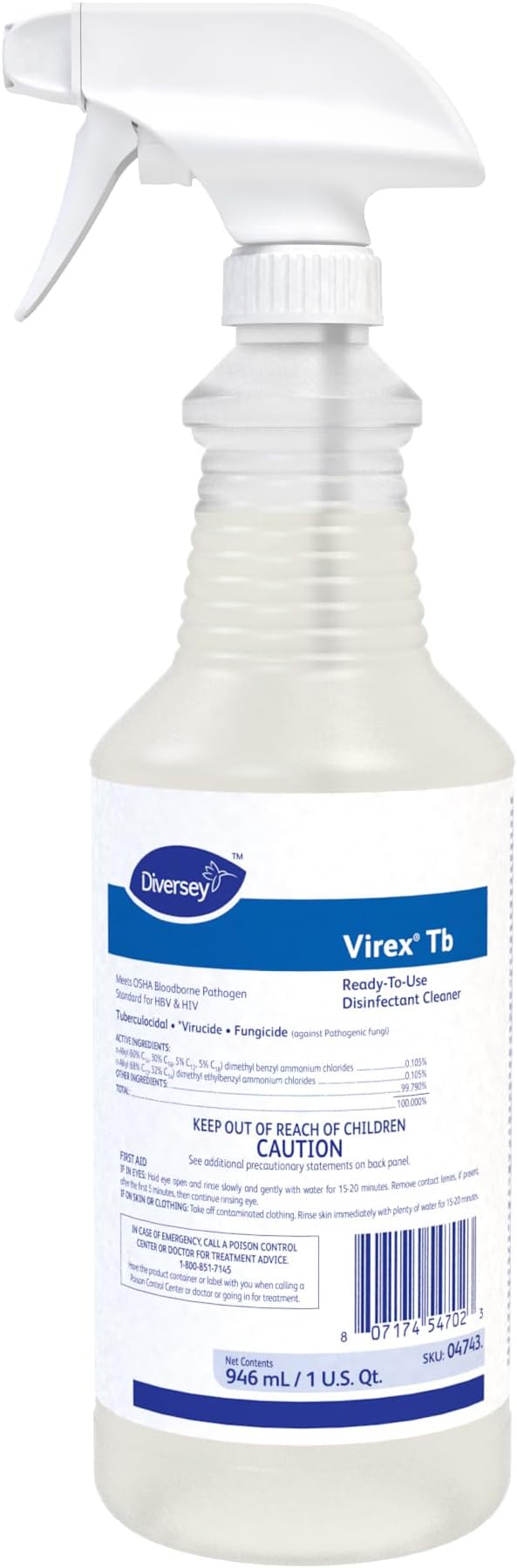 Diversey VIREX Tb 04743 Disinfectant Cleaner, Hospital Use Tuberculocidal, Virucide, Fungicide with Lemon Scent, Ready-to-Use, For Home & Commercial Use, 32-Ounce (12 Pack & 1 Reusable Sprayer Nozzle)