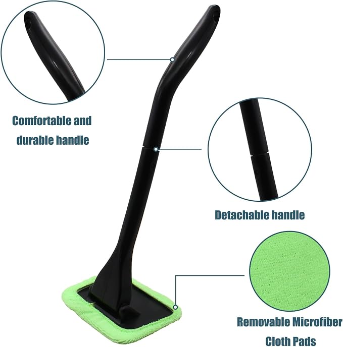Car Window Cleaner Kit, Green | Windshield Cleaning Tool, Extendable Long Handle, 2 Washable Reusable Microfiber Pads