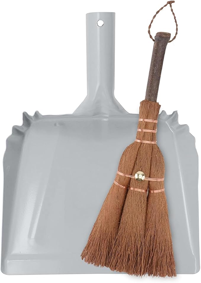 Small Metal Dust Pan and Brush for Fireplace, Garage, Shop, 9" Wide | Heavy Duty Dustpan and Hand Broom for Outdoor Camping Indoor, Natural Bristle Bench Brush for Counter Ash Cleanup Anti-Static