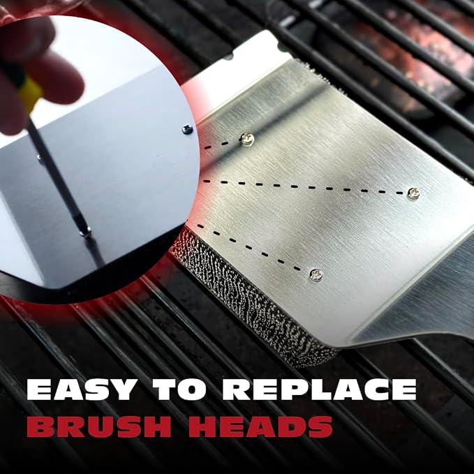 Bristle Free Grill Brush Cleaner and Scraper for Barbecue, Replaceable Head | Bristle-Free Grill Brush with Replaceable Head & Acacia Wood Handle. Heavy-Duty Scraper, No-Scratch BBQ Grate Cleaning.
