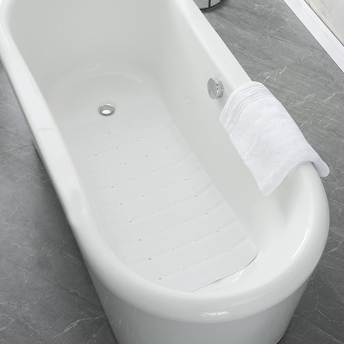 Foldable Silicone Bathtub Mat: Jumbo Size Heavy Duty Safety Bath Mat for Tub Without Suction Cups Non Slip Bath & Shower Mat for Textured, Reglazed, Refinished Tub (White, 35.8 x 17.7)