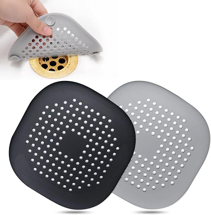 Hair Drain Catcher,Square Drain Cover for Shower Silicone Hair Stopper with Suction Cup,Easy to Install Suit for Bathroom,Bathtub,Kitchen 2 Pack (Sliver Grey Black) | Drainer Cover Silicone Hair Stopper with Suction Cups,Protector Accessories,Easy to I...