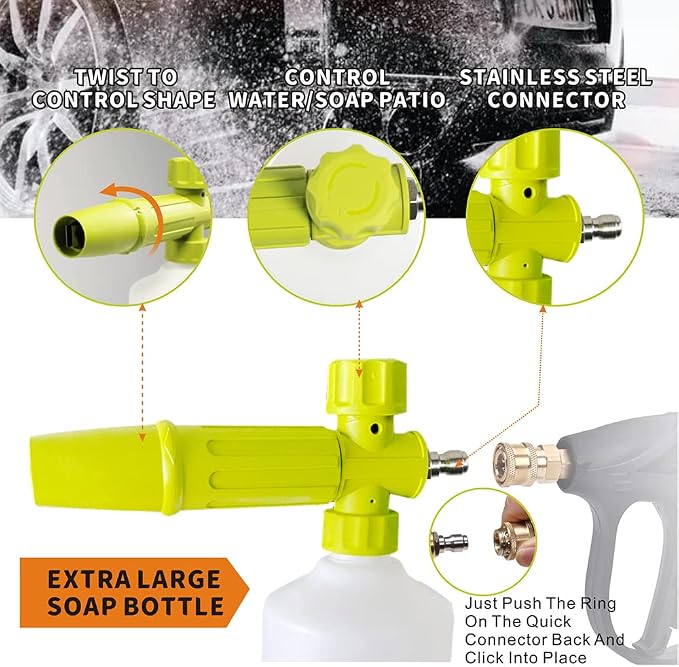 Foam Cannon 1 L Bottle Car Wash Snow Foam Lance with 1/4" Quick Connector Pressure Power Jet Washer Quick Release Adjustable Nozzle with 1 Washing Mitts