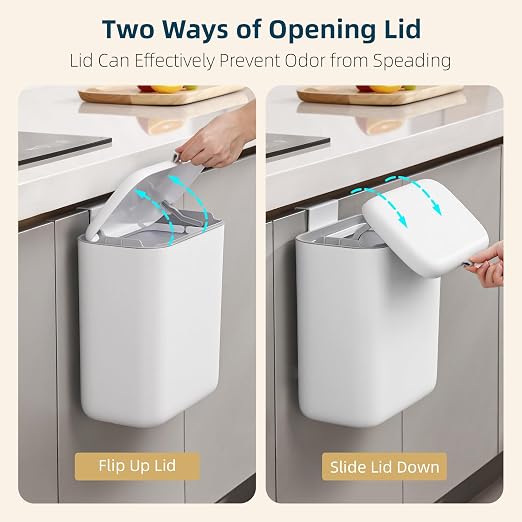 MUEE Hanging Trash Can with Lid for Kitchen, Garbage Can 1.8 Gal/6.8L | Food Waste Bin for Counter Top or Under Sink, Mountable Garbage Can for Cupboard/Bathroom/Bedroom/Office/RV, Matte White