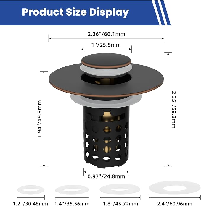Universal Bathroom Sink Drain Strainer Hair Catcher, Oil Rubbed Bronze | Upgraded with Removable Stainless Steel Filter Basket, 3 in 1 Pop Up Sink Stopper for 1.1''~2.36'' Sink Basin Hole